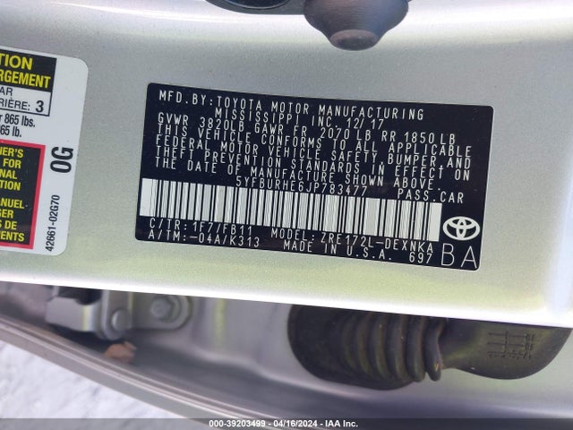 Toyota COROLLA LE 2018 5YFBURHE6JP783477 Image 9