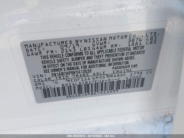 Nissan SENTRA SV 2019 3N1AB7AP8KY413539 Image 9