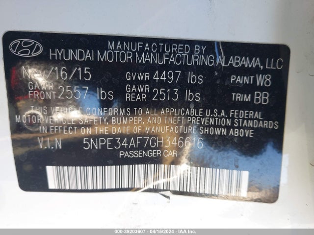Hyundai Sonata Limited 2016 5NPE34AF7GH346616 Image 9