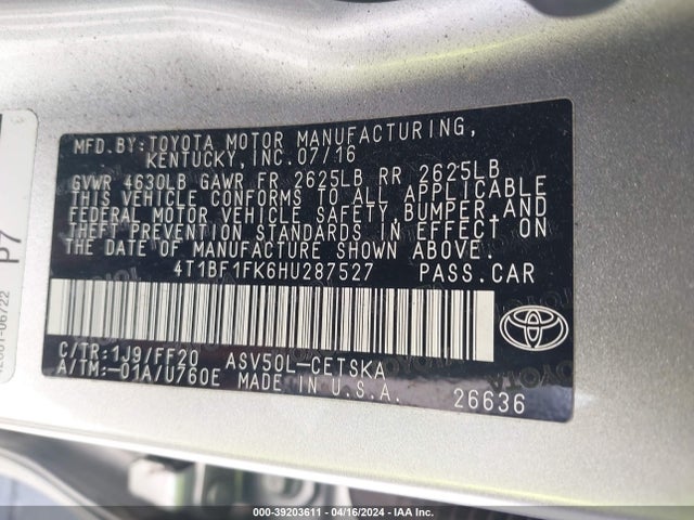 Toyota CAMRY SE 2017 4T1BF1FK6HU287527 Image 9