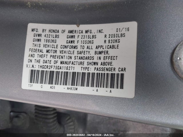 Honda ACCORD EX 2016 1HGCR2F75GA116271 Image 9