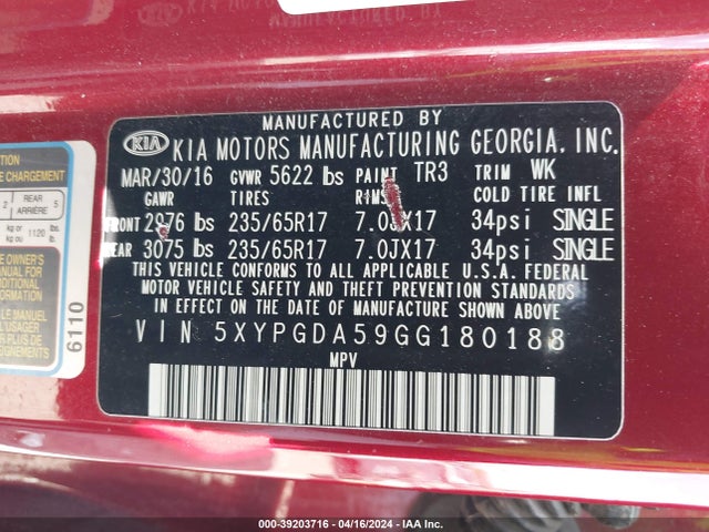 KIA Sorento 3.3l Lx 2016 5XYPGDA59GG180188 Image 9