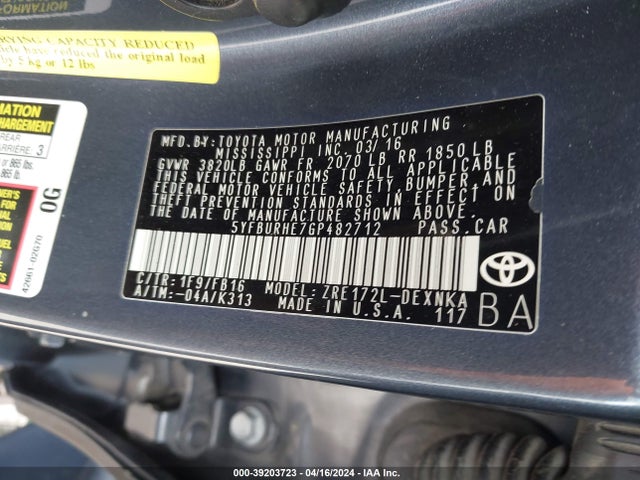Toyota COROLLA LE 2016 5YFBURHE7GP482712 Image 9