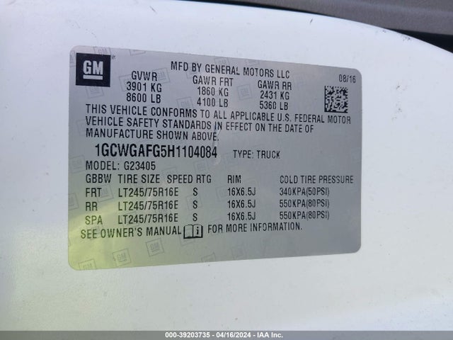 Chevrolet Express 2500 Work Van 2017 1GCWGAFG5H1104084 Image 9