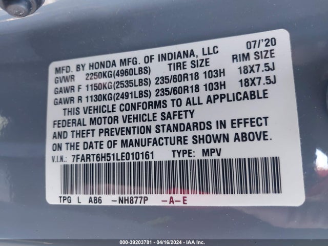 39203781 :رقم المزاد ، 7FART6H51LE010161 vin ، 2020 Honda Cr-v Hybrid Ex مزاد بيع