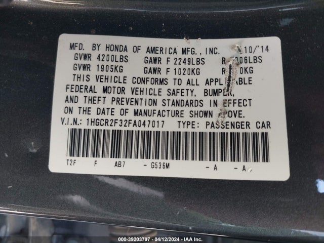 Honda ACCORD LX 2015 1HGCR2F32FA047017 Image 9