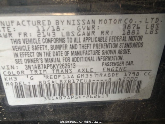 Nissan SENTRA S 2019 3N1AB7AP5KY262613 Image 9