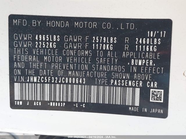 JHMZC5F32JC000643 Honda Clarity Plug-in Hybrid Touring