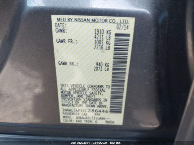 1N4AL3AP3EC286446 Nissan Altima 2.5/2.5 S/2.5 Sl/2.5 Sv