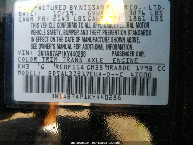 Nissan SENTRA SV 2019 3N1AB7AP1KY440288 Image 9