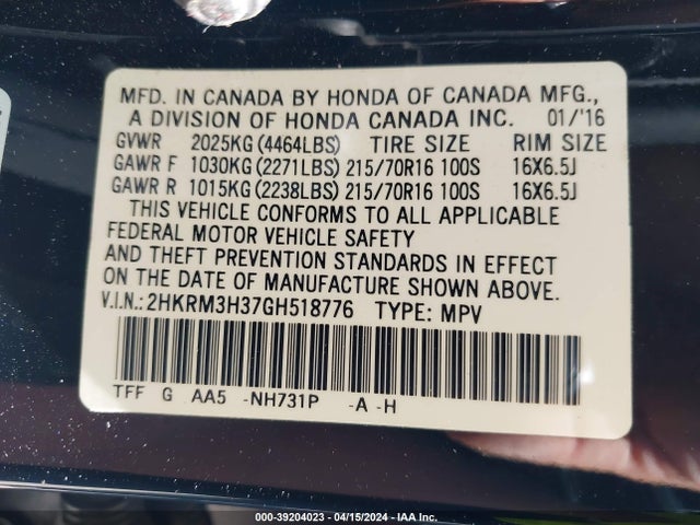 Honda CR-V LX 2016 2HKRM3H37GH518776 Image 9