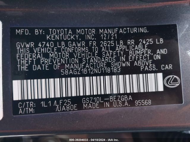 58AGZ1B12NU118183 Lexus Es 350 F Sport