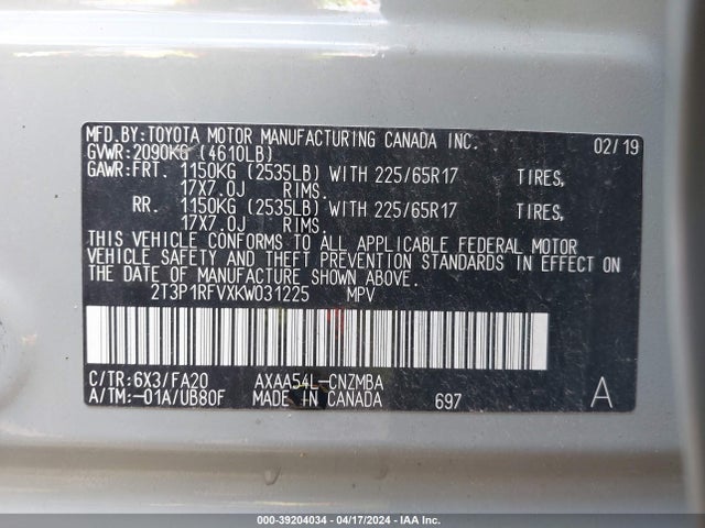 Toyota Rav4 Xle 2019 2T3P1RFVXKW031225 Image 9