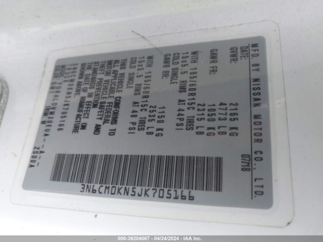 3N6CM0KN5JK705166 Nissan Nv200 S