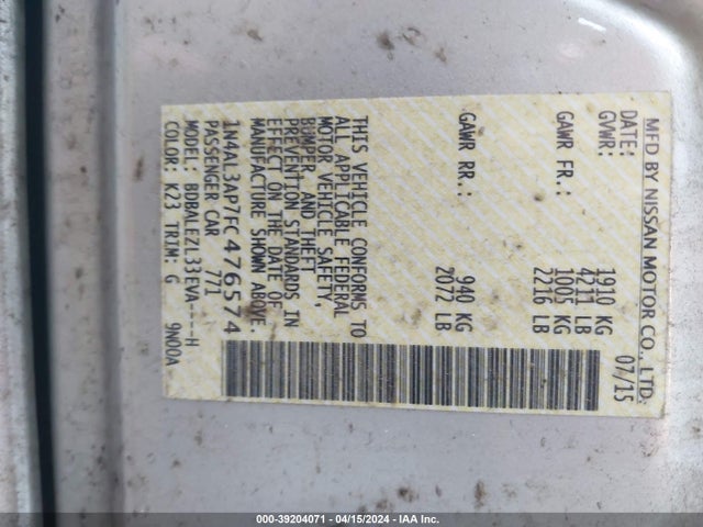 Nissan Altima 2.5 S 2015 1N4AL3AP7FC476574 Image 9