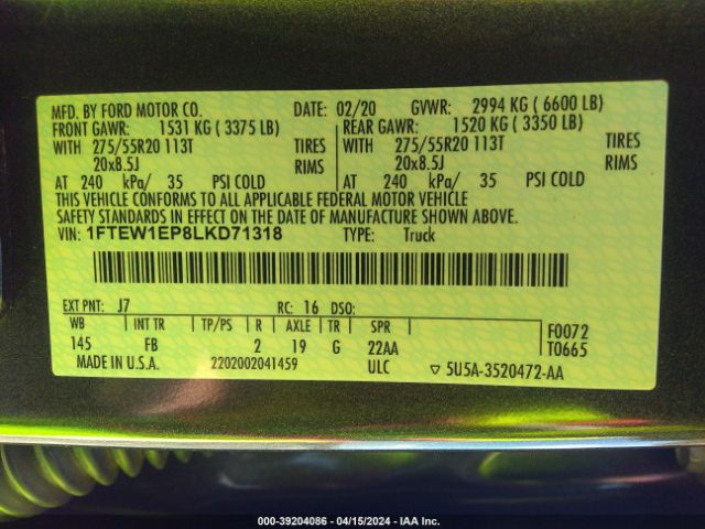 1FTEW1EP8LKD71318 Ford F-150 Xlt