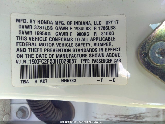 Honda Civic Lx 2017 19XFC2F53HE029057 Image 9