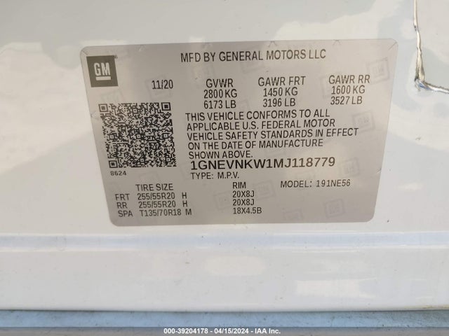 1GNEVNKW1MJ118779 Chevrolet Traverse Awd High Country