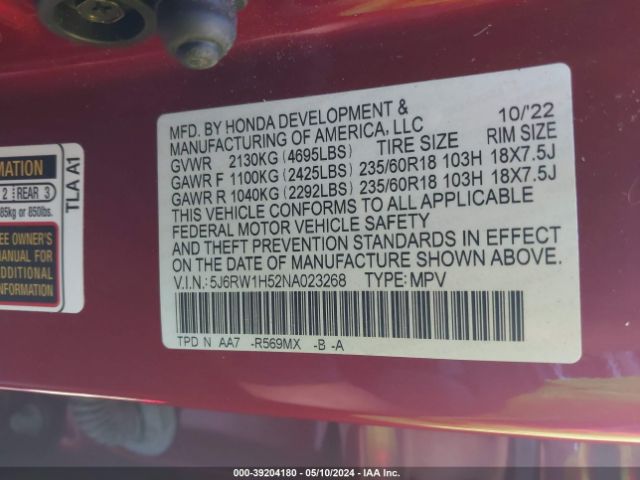5J6RW1H52NA023268 Honda Cr-v 2wd Ex