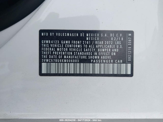 3VWC57BU6KM006003 Volkswagen Jetta 1.4t R-line/1.4t S/1.4t Se