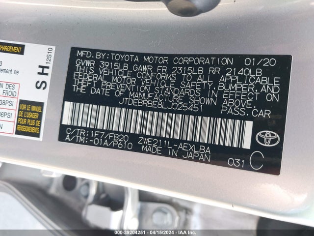 Toyota Corolla Hybrid Le 2020 JTDEBRBE8LJ025451 Image 9