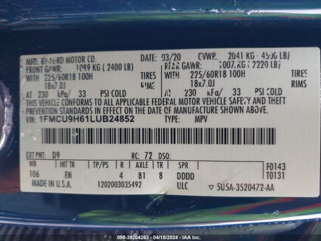 2020 FORD ESCAPE 1FMCU9H61LUB24852 Photo 8