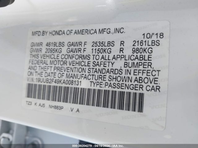 19UUB2F49KA008131 Acura Tlx Tech Pkg