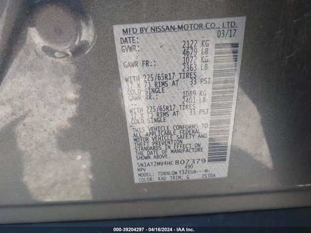 Nissan ROGUE SV 2017 5N1AT2MV4HC807379 Image 9
