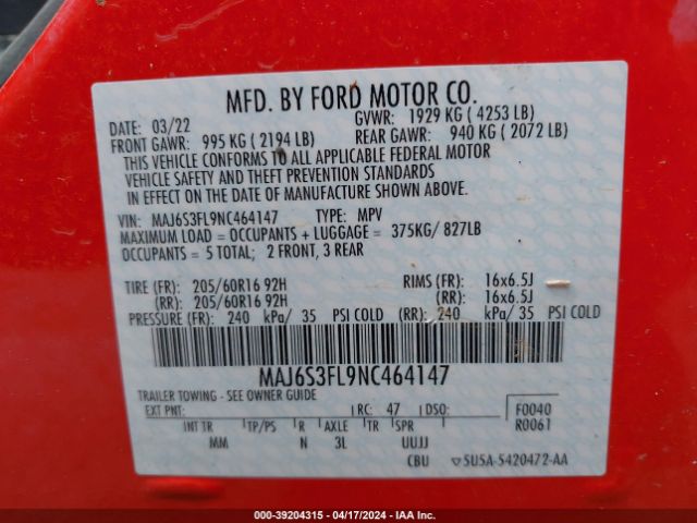 MAJ6S3FL9NC464147 Ford ECOSPORT S