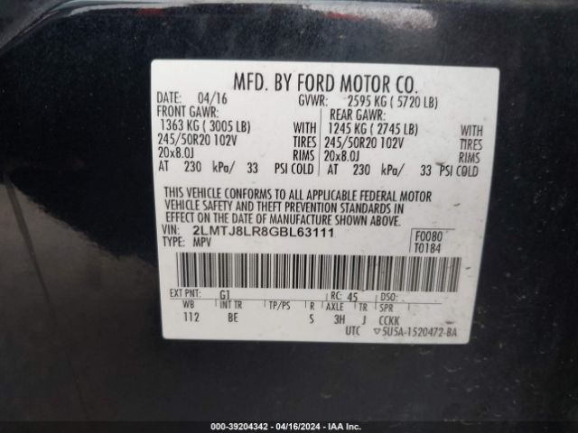 2LMTJ8LR8GBL63111 Lincoln Mkx Reserve