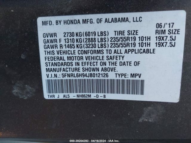 5FNRL6H94JB012126 Honda Odyssey Elite