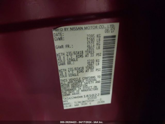 5N1AZ2MH0HN185022 Nissan MURANO SV