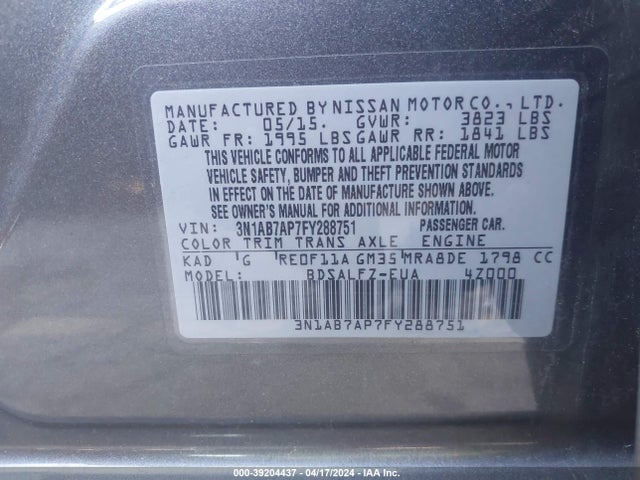 Nissan Sentra Fe+ S 2015 3N1AB7AP7FY288751 Image 9