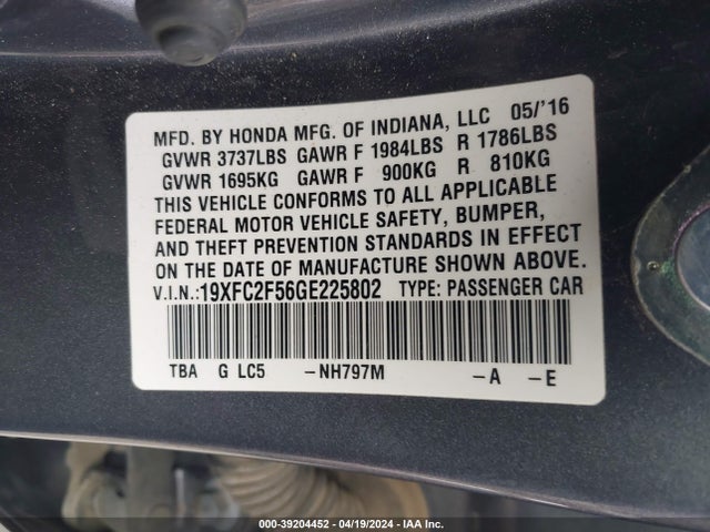 Honda Civic Lx 2016 19XFC2F56GE225802 Image 9