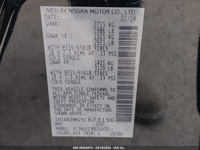 5N1AR2MM2EC673196 Nissan Pathfinder S/sv/sl/platinum