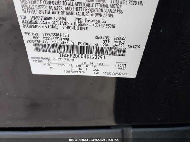 Ford TAURUS SE 2017 1FAHP2D80HG123994 Image 9