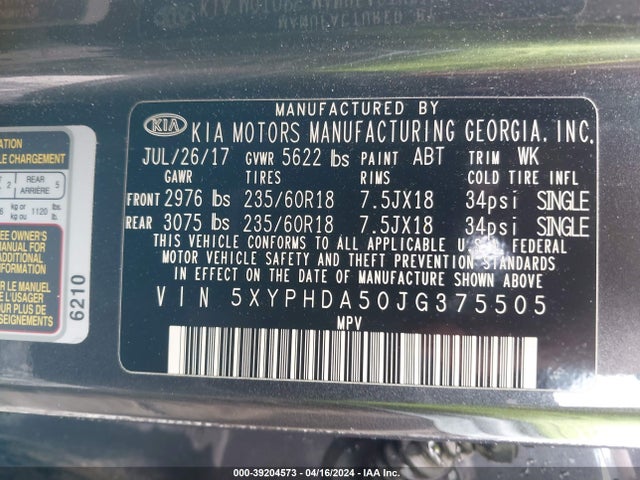 KIA Sorento 3.3l Ex 2018 5XYPHDA50JG375505 Image 9