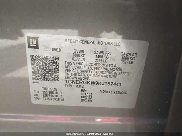 1GNERGKW9KJ157441 Chevrolet Traverse 1lt