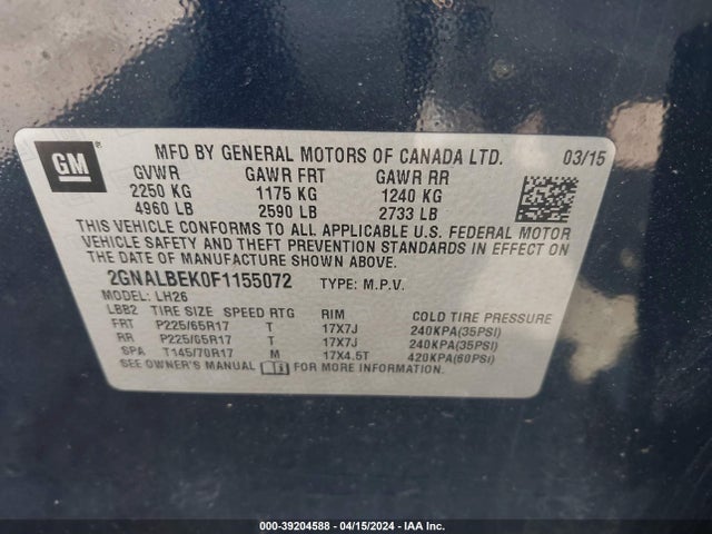Chevrolet EQUINOX 1LT 2015 2GNALBEK0F1155072 Image 9
