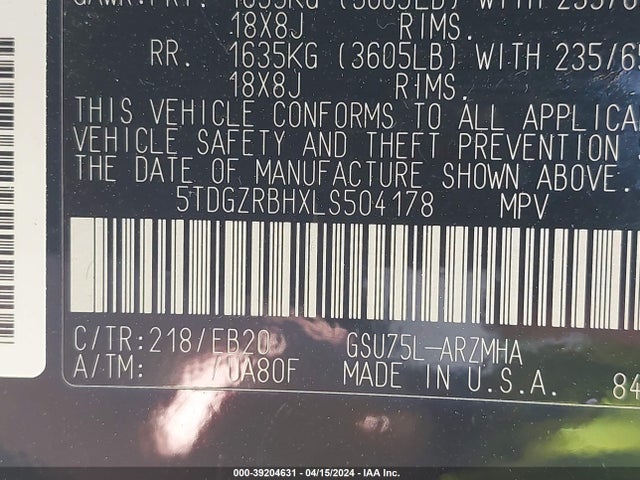 Toyota Highlander Xle 2020 5TDGZRBHXLS504178 Image 9