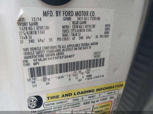 1FMJK1HT6FEF20407 Ford Expedition El Xlt