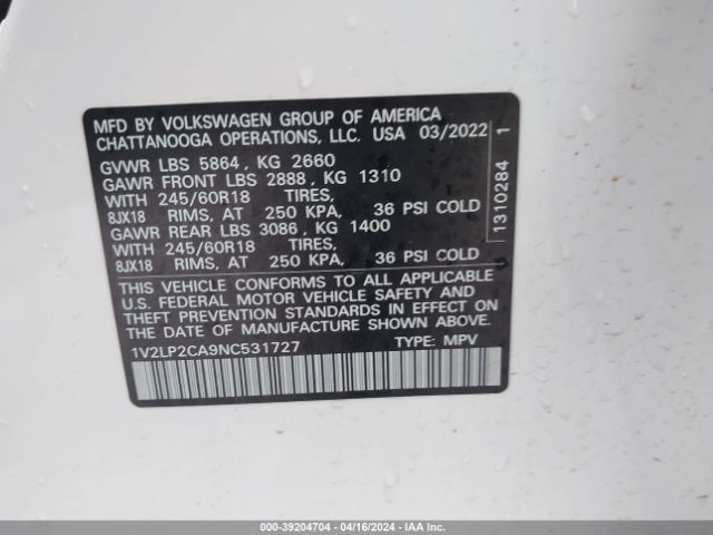 1V2LP2CA9NC531727 Volkswagen Atlas 2.0t Se
