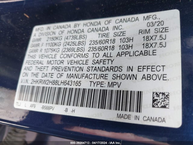 Honda Cr-v Awd Ex-l 2020 2HKRW2H88LH643165 Image 9
