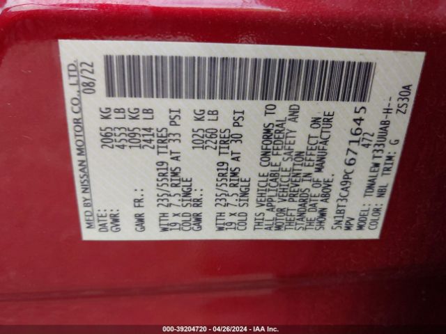 5N1BT3CA9PC671645 Nissan Rogue Sl Fwd