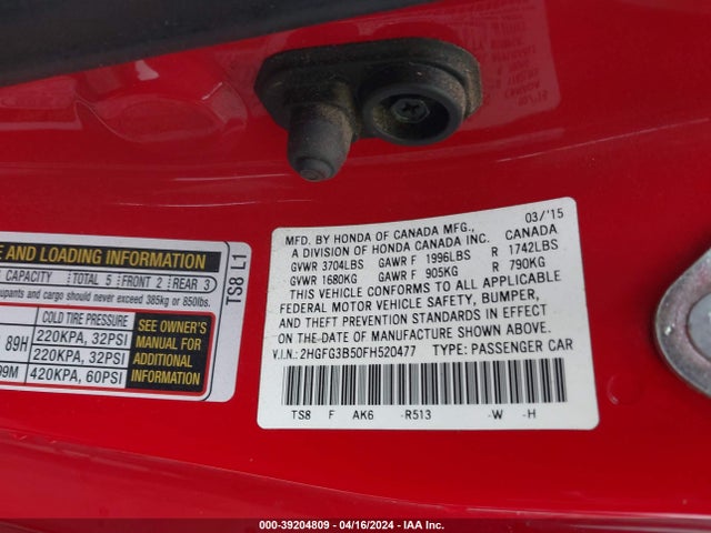 Honda Civic Lx 2015 2HGFG3B50FH520477 Image 9