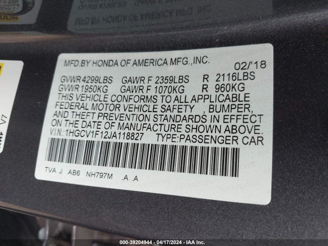 Honda ACCORD LX 2018 1HGCV1F12JA118827 Image 9
