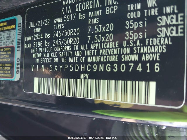 KIA Telluride Sx 2022 5XYP5DHC9NG307416 Image 9