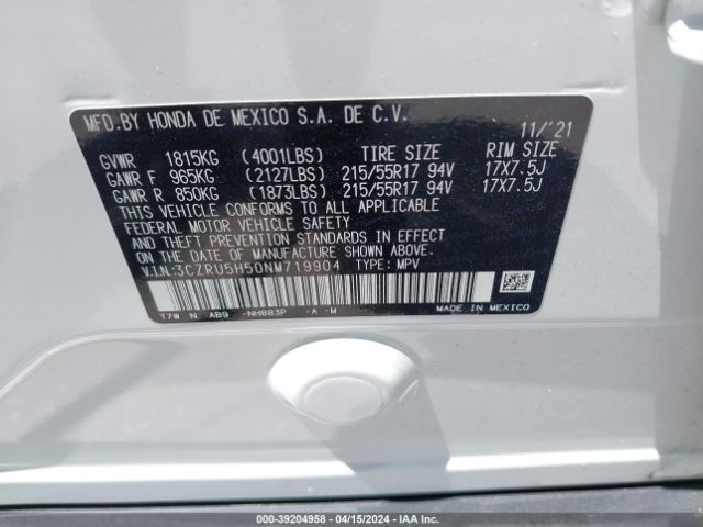 3CZRU5H50NM719904 Honda Hr-v 2wd Ex