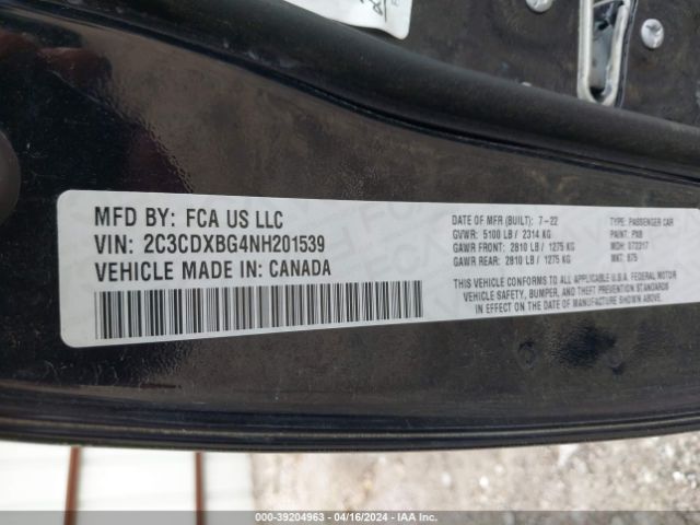 2C3CDXBG4NH201539 Dodge Charger Sxt Rwd