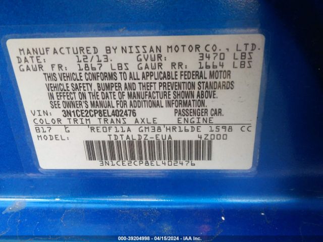 3N1CE2CP8EL402476 Nissan Versa Note Sv